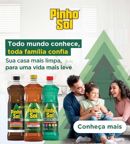 Banner promocional do desinfetante Pinho Sol, ideal para limpeza e higienização de ambientes