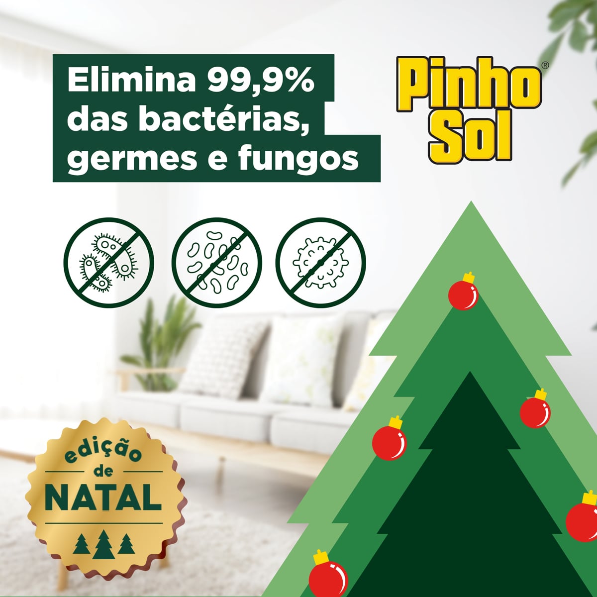 Elimina 99,9% das bactérias, germes e fungos