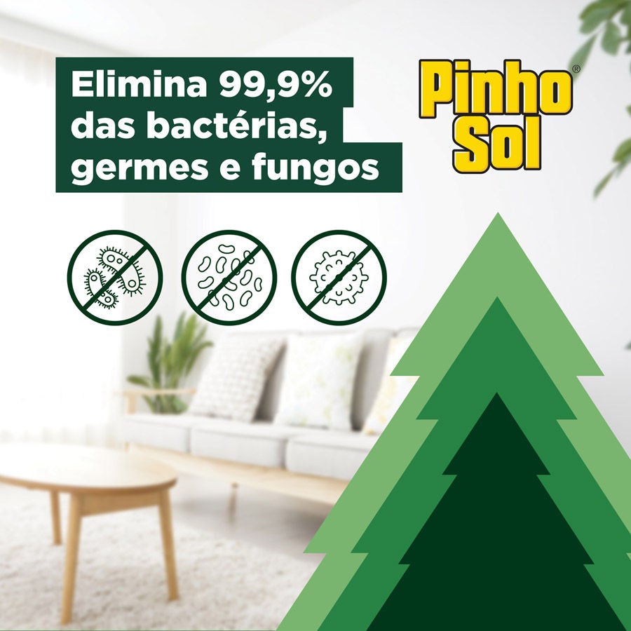 Pinho Sol Original elimina 99,9% das bactérias, germes e fungos, garantindo proteção total para sua sala e família.