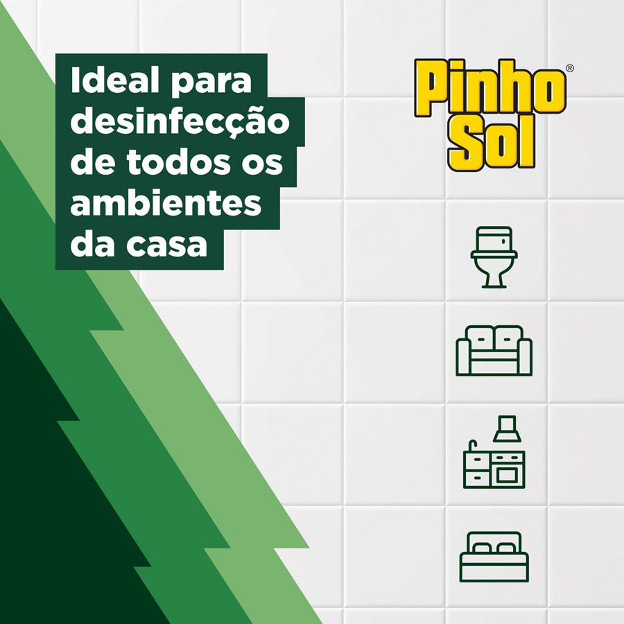 Pinho Sol é ideal para a desinfecção de todos os ambientes da casa, como banheiro, sala, cozinha e quartos.