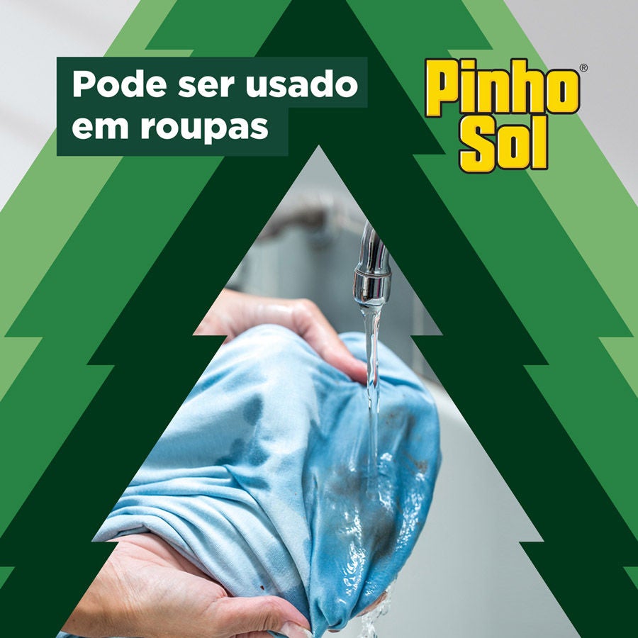 Pinho Sol Original pode ser usado na desinfecção de roupas, removendo germes e sujeira com segurança durante a lavagem manual.
