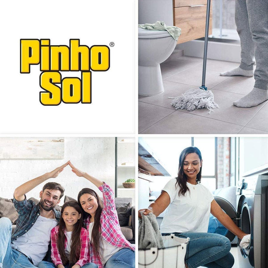 Colagem Pinho Sol: limpeza de piso, família protegida e desinfecção de roupas na máquina.
