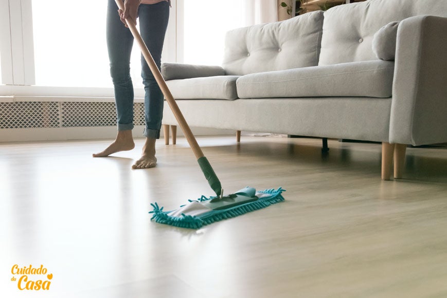 Figura de uma mulher com um esfregão limpando piso de madeira