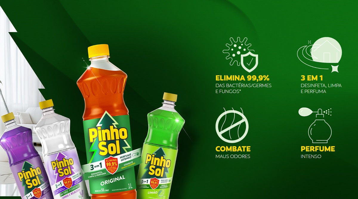 Pinho Sol original, limão e lavanda: desinfetante 3 em 1 com perfume intenso que elimina 99,9% de bactérias.