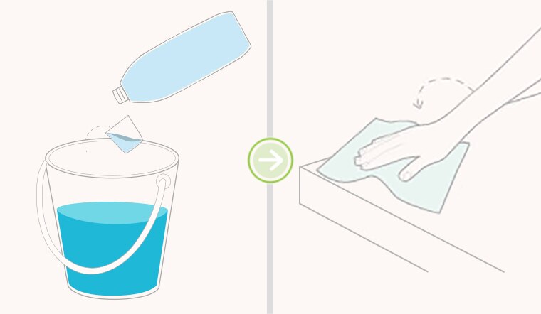 Dilua duas tampas e meia de produto (80 ml) em 5 litros de água, umedeça o pano e passe sobre a superfície a ser limpa