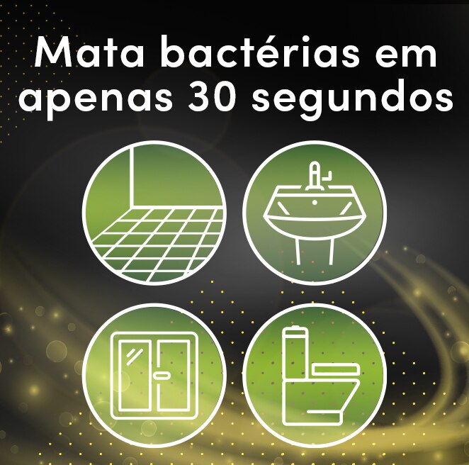 Mata 99.9% das bactérias, germes e fungos. Mata bactérias em apenas 30 segundos. Máximo poder bactericida. Eficácia comprovada