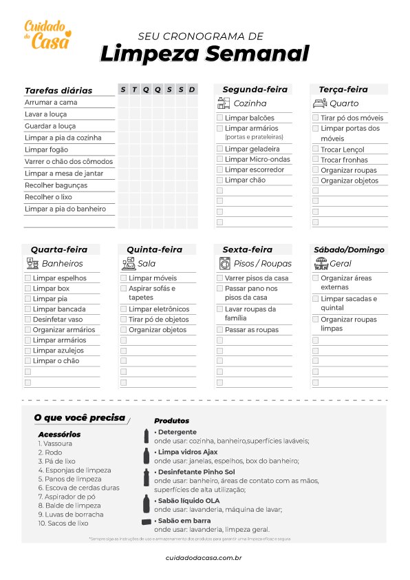 infográfico com cronograma de limpeza semanal com as tarefas e o que você precisa fazer