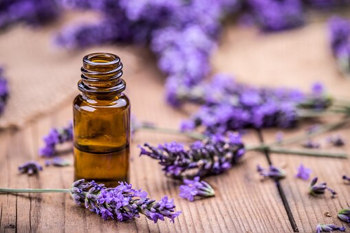 Imagem de um frasco de vidro com flores de lavanda ao fundo, ilustrando uma maneira de potencializar o aroma do desinfetante de lavanda